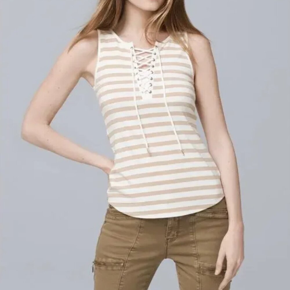 White House Black Market striped lace up white/tan metallic top size XS  NWTS